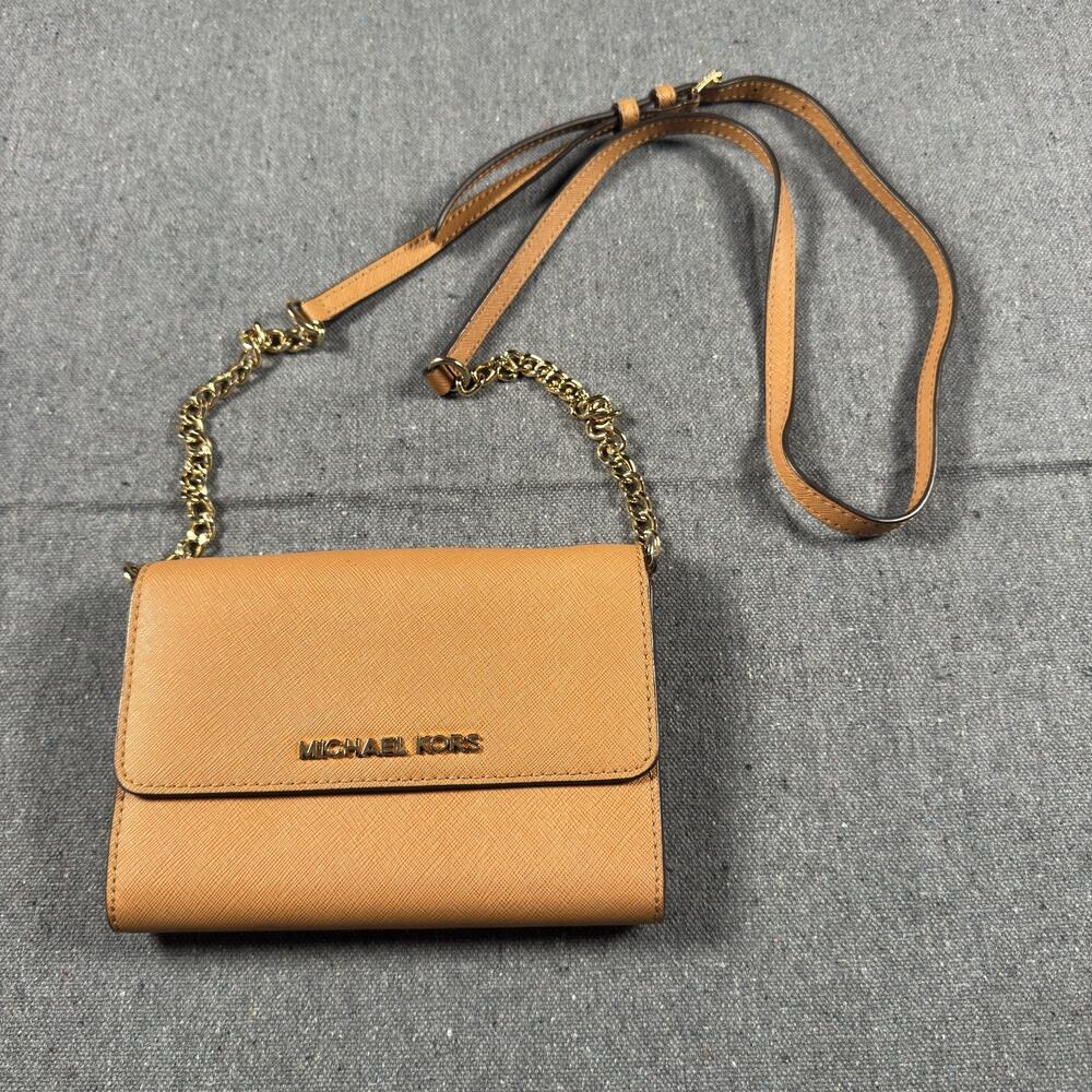 Michael Kors Jet Set Tan Camel Leather Crossbody Wallet Bag on Chain